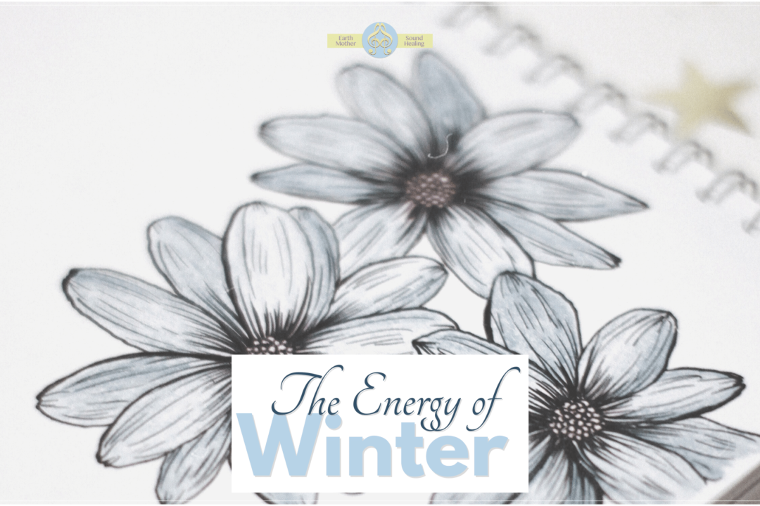 The Energy of Winter - earth mother sound healing - blue flowers on white pages of spiral bound journal